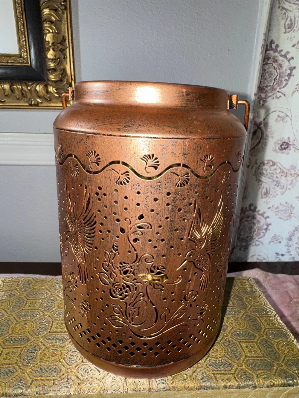 Hummingbird Copper Tone Decorative Lantern with Bird and Floral Cutwork
